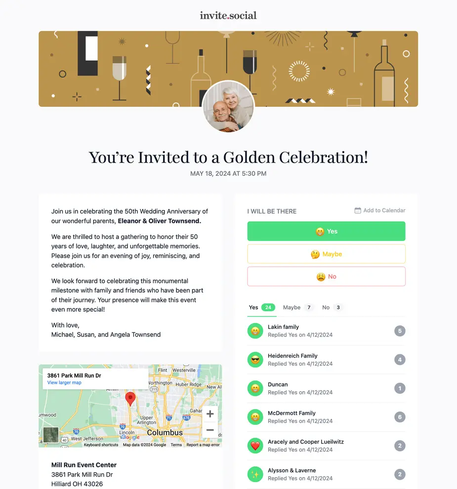 Anniversary Party RSVPs Example Invite Screenshot