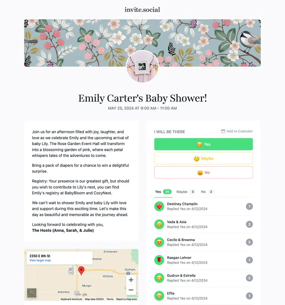 Baby Shower RSVPs Example Invite Screenshot