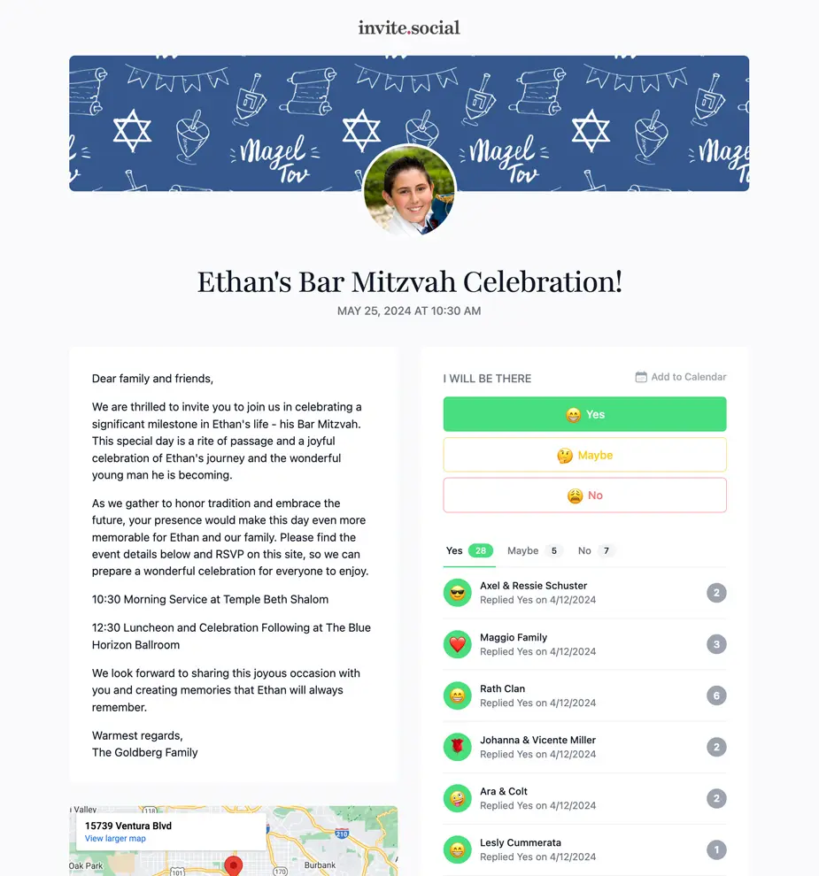 Bar Mitzvah RSVPs Example Invite Screenshot