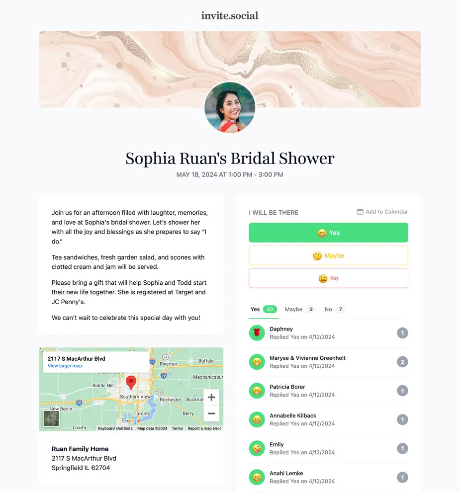Bridal & Wedding Shower RSVPs Example Invite Screenshot