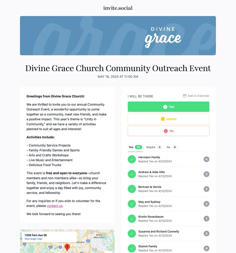 Church Event RSVPs Example Invite Screenshot
