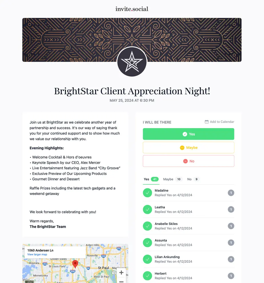 Company Event RSVPs Example Invite Screenshot