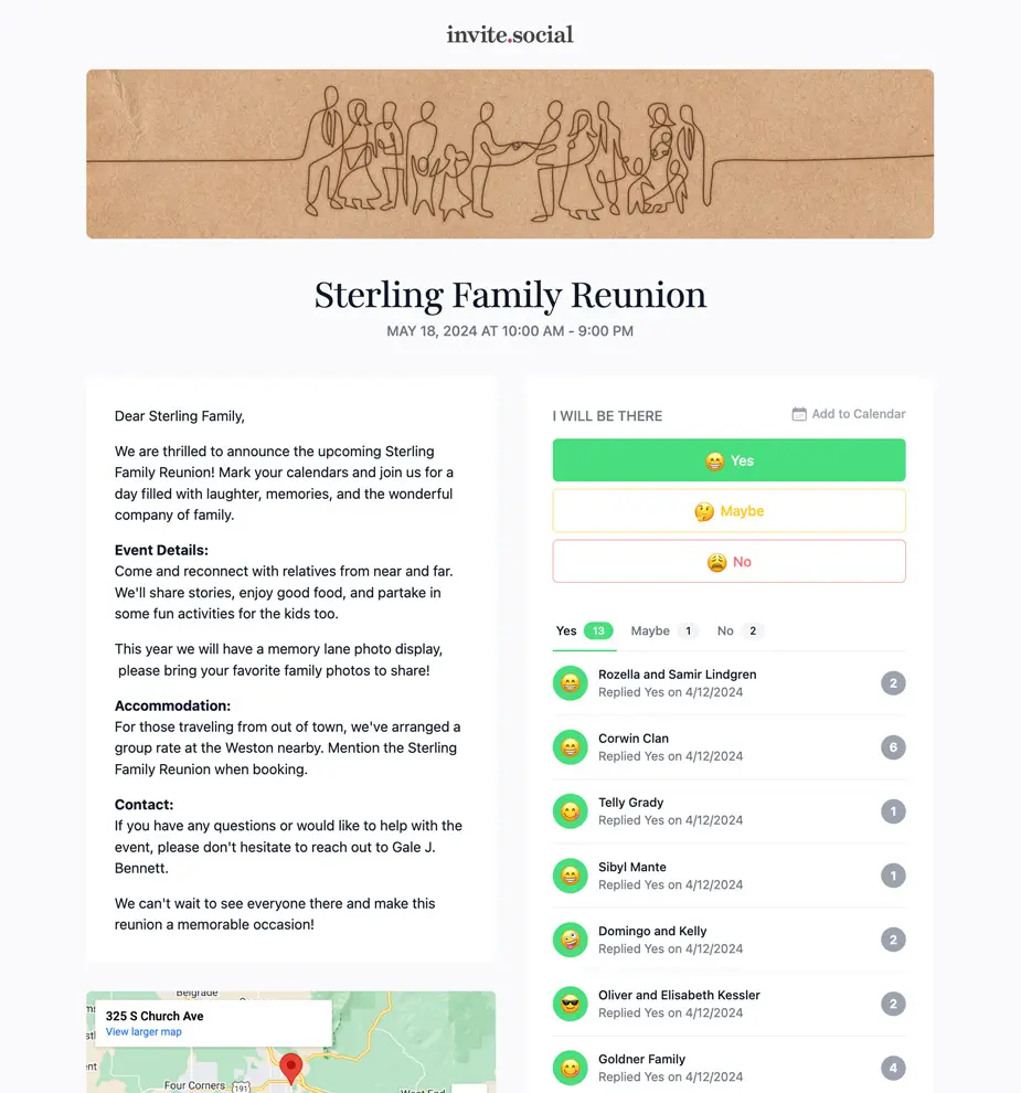 Family Reunion RSVPs Example Invite Screenshot