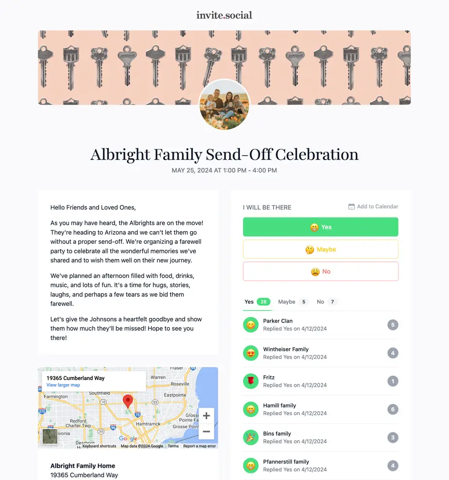 Farewell Party RSVPs Example Invite Screenshot