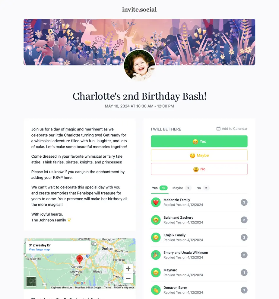 Kids Birthday Party RSVPs Example Invite Screenshot