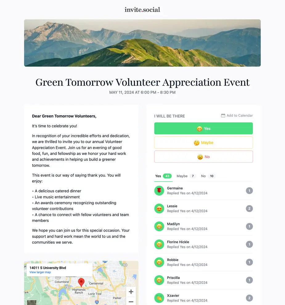 Non Profit Organization Event RSVPs Example Invite Screenshot