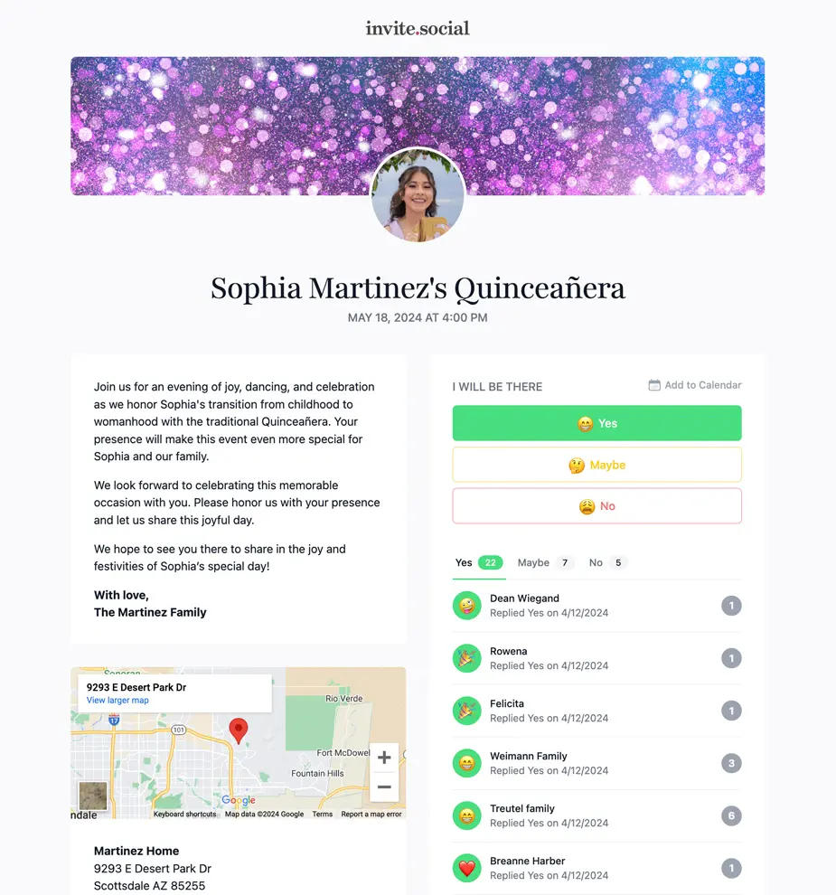 Quinceañera RSVPs Example Invite Screenshot