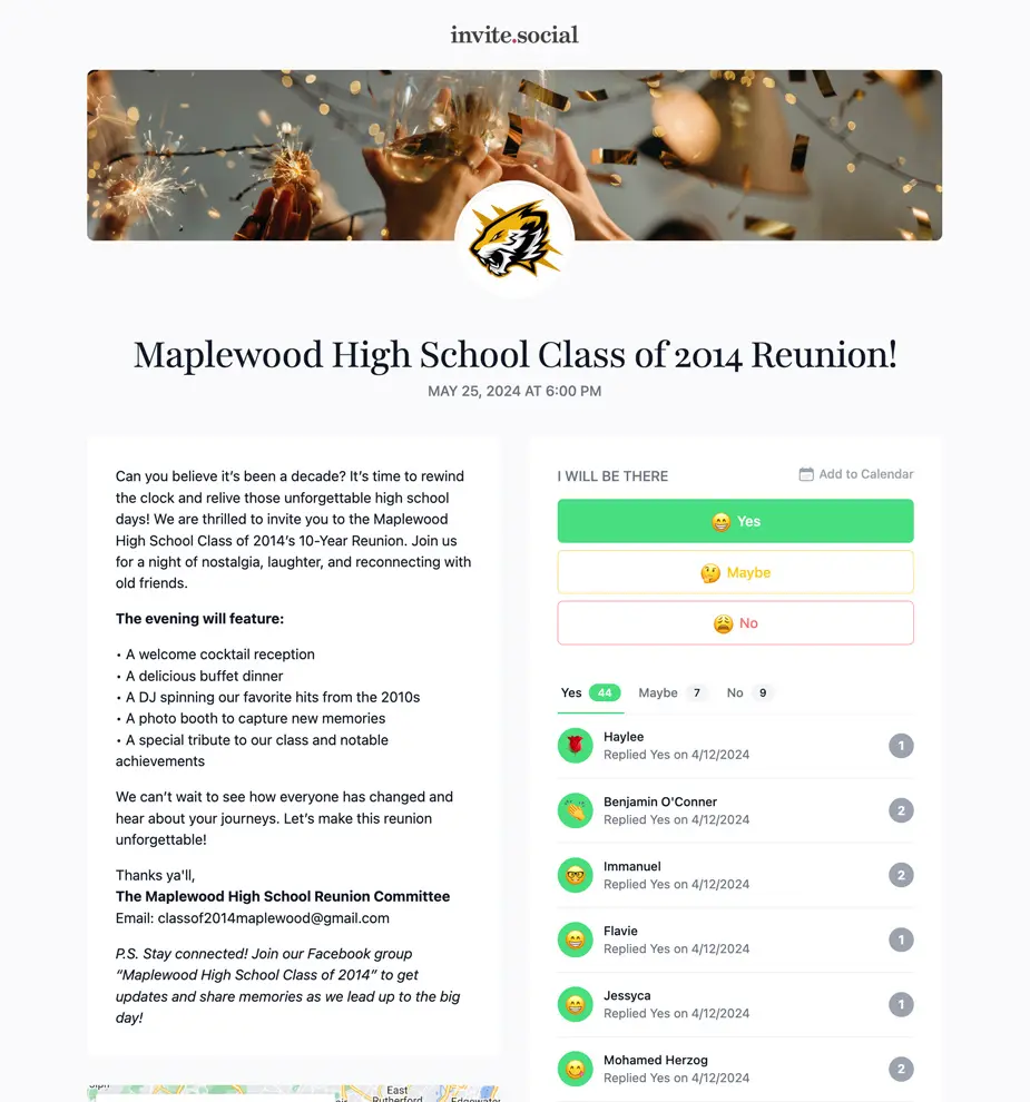 High School Class Reunion RSVPs Example Invite Screenshot