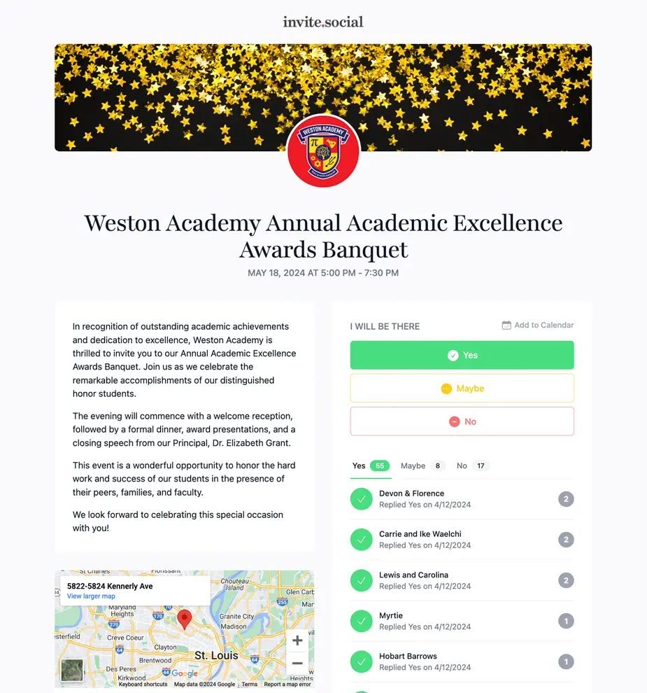 School Event RSVPs Example Invite Screenshot