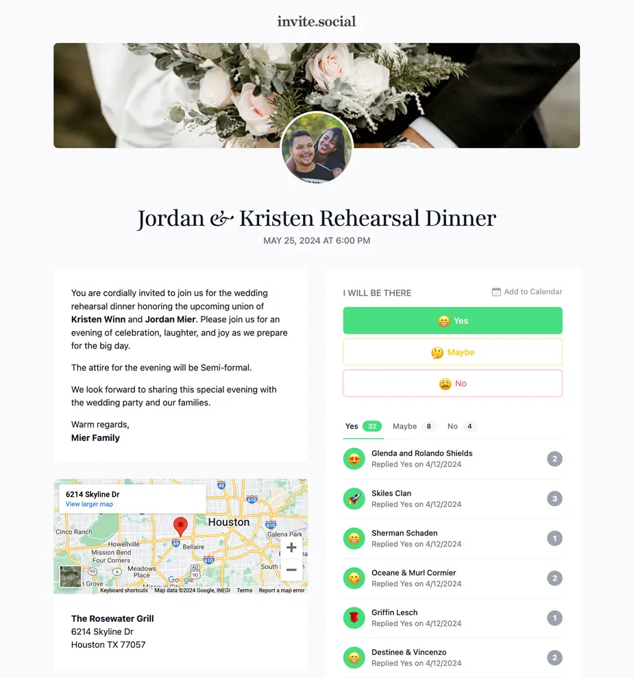 Wedding Rehearsal Dinner RSVPs Example Invite Screenshot